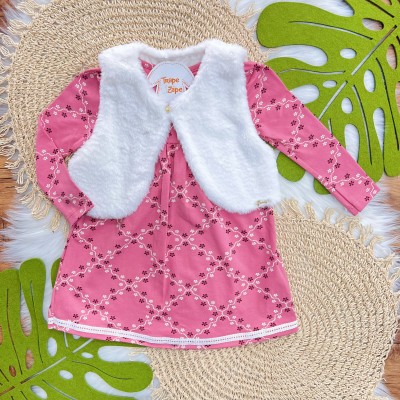 Vestido Manga Longa Mini Flores e Colete de Pelinho - Rose